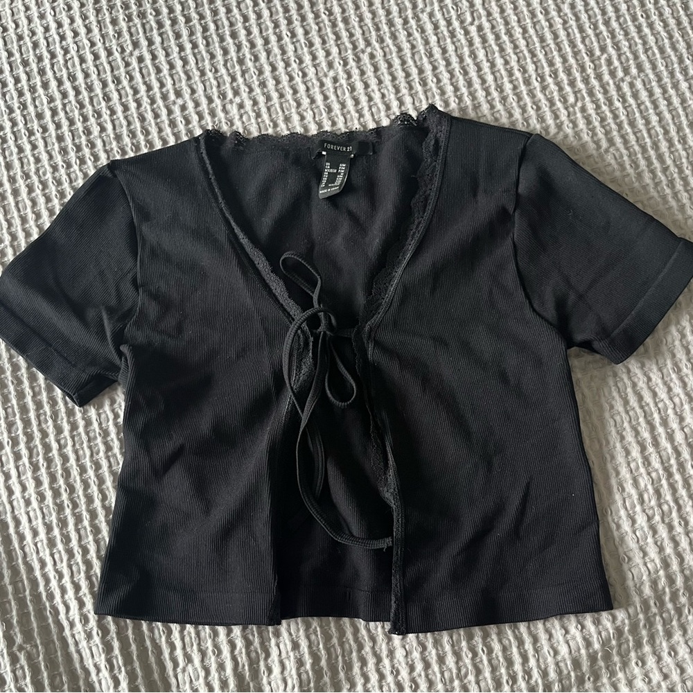 Black Short Sleeve Tie-Front Top